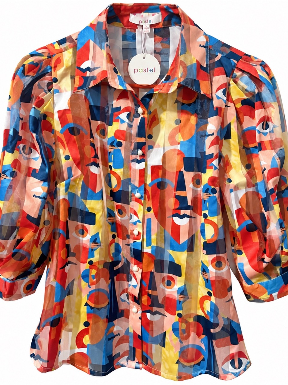 Pastels Multicolor Abstract Face-Print Button Front Blouse